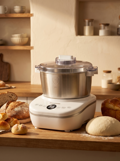 白色不锈钢电动和面机，透明上盖，白色底座带数字显示屏，品牌Logo为Moonglantg。保持产品物理结构不变，严禁扭曲拉伸改变产品形态，保持Logo原样，严格遵守物理空间关系，各组件之间严禁结构穿模预览效果