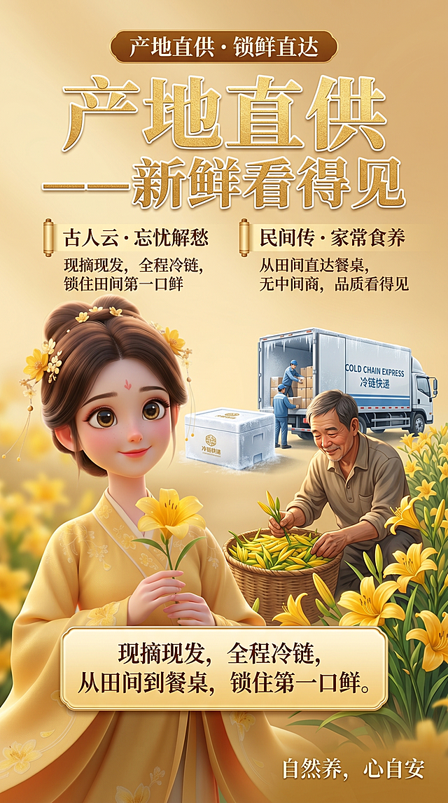 9:16竖版手机海报，基于参考图生成，暖金色渐变高级柔光背景，低饱和度暖黄治愈色调，漫射柔光，光影柔和温暖；保留参考图国风女孩形象，修改为女孩站在黄花菜种植田间，身旁是农户现摘黄花菜的场景与冷链快递包装，面部精致柔和，笑容温婉治愈，固定位于画面左侧，不遮挡右侧及画面文案区域；画面右侧搭配产地田间采摘场景、冷链快递包装、盛开的萱草花；整体画面干净高级，无杂乱元素，细节拉满，所有文案直接植入画面，烫金国风字体，清晰醒目，层级分明，不遮挡主体人物与核心视觉元素，文案排版：1. 画面最顶部：棕色烫金圆角矩形横幅，内有白色文字"产地直供・锁鲜直达"；2. 横幅下方：超大号加粗白色描边国风字体主标题，分两行，第一行"产地直供"，第二行"—— 新鲜看得见"；3. 主标题下方：左右双栏带卷轴图标排版，左栏卷轴图标旁小标题"古人云・忘忧解愁"，正文"现摘现发，全程冷链，锁住田间第一口鲜"；右栏卷轴图标旁小标题"民间传・家常食养"，正文"从田间直达餐桌，无中间商，品质看得见"；4. 画面中下部：白色描边圆角矩形烫金文本框，内有核心文案"现摘现发，全程冷链，从田间到餐桌，锁住第一口鲜。"；5. 画面最底部：右下角白色国风烫金小字"自然养，心自安"