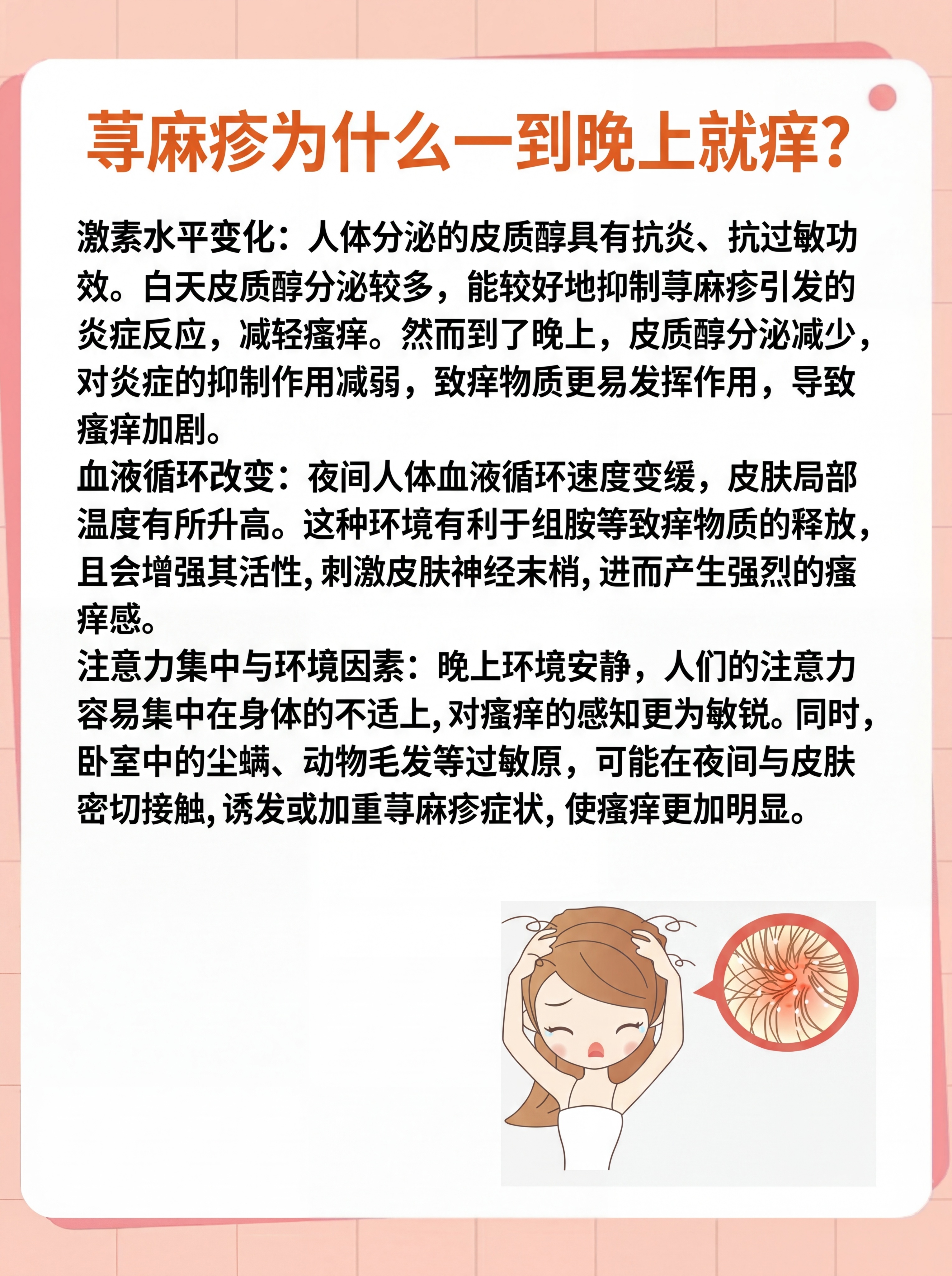 参考原图的医疗科普海报风格，替换内容为荨麻疹为什么一到晚上就痒… - 图片创意预览