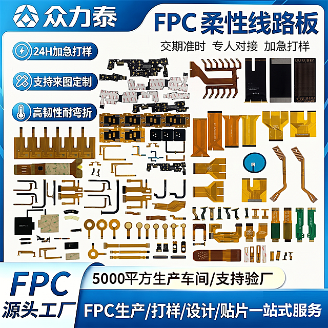 参考图模板为一张FPC柔性线路板电商主图，使用蓝色和白色配色，左上角有品牌文字'众力泰'，主标题是'FPC 柔性线路板'，文案为'交期准时 专人对接 加急打样，24H加急打样，支持来图定制，高韧性耐弯折，5000平方生产车间/支持验厂，源头工厂，FPC生产/打样/设计/贴片一站式服务'。重新混搭穿插排版所有提取的线路板产品，更换排列布局，保持图片比例1:1，分辨率4K，保留原始颜色、外观和细节，产品均匀分布不重叠遮挡