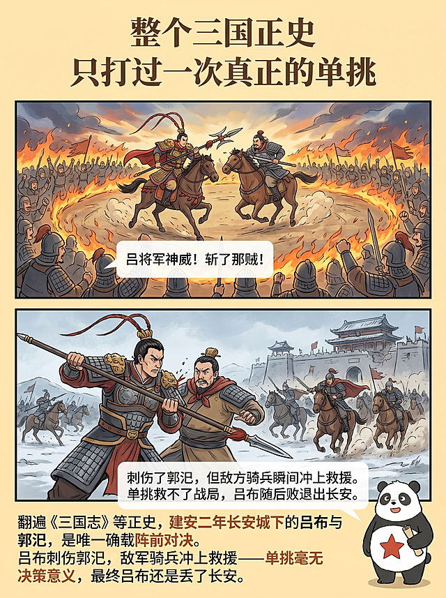 竖版比例3:4，清晰手绘知识漫画，尺寸比例严格3:4，高清画质，风格为清晰手绘知识风，线条肯定，带有书写感和书卷气，整体理性温和，漫画带分格，为内页2格漫画上下结构，漫画格整体占比约2/3，内页装饰不超过2个，背景颜色固定#ffebbb。大标题在顶部，第一行"整个三国正史"，第二行"只打过一次真正的单挑"，字体为思源宋体，字号内页130，字重SemiBold，颜色#5c3e2b。正文在底部，左对齐：第一行翻遍《三国志》等正史，建安二年长安城下的吕布与郭汜，是唯一确载阵前对决。第二行：吕布刺伤郭汜，敌军骑兵冲上救援——单挑毫无决策意义，最终吕布还是丢了长安，字体为思源宋体，字号50，字重Regular，关键词加粗换色#a0522d。
漫画格2格上下结构，漫画格下方放对话气泡。
格1：演义概念形象的吕布身着百花战袍，手持方天画戟，在长安城下与郭汜策马对冲，周围战场火光冲天，士兵们围成一个大圈观战像擂台现场，背景是演义化的长安战场，两军围成圆圈，气氛如竞技场，气泡（观战士兵）写着"吕将军神威！斩了那贼！"，对话气泡内文字字体为思源宋体，字号45，字重Medium，颜色#5c3e2b，气泡白色带不透明度，圆角带尾巴。
格2：正史形象，吕布与郭汜，画面冷峻写实，吕布用长矛刺中郭汜，但郭汜身后大批骑兵已蜂拥而上，吕布表情紧张意识到局面失控，背景是真实的攻城战场景，城门残破，骑兵冲锋的尘烟弥漫。旁白气泡（大施兄）写着"刺伤了郭汜，但敌方骑兵瞬间冲上救援。单挑救不了战局，吕布随后败退出长安。"，对话气泡格式同上。
主角旁白者大施兄，形象严格遵循参考图：大熊猫结合龙猫形象，黑白配色，肚子上有红色五角星，五官和体型按照参考图样式，缩小比例，作为旁白者出现在画面右下角虚空处，手持小卷轴。