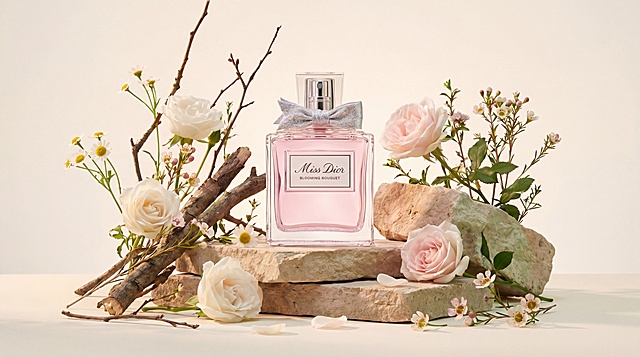 Miss Dior Blooming Bouquet香水瓶，透明方形瓶身、粉色液体、银灰闪粉蝴蝶结与金属喷头，保持产品外观完全不变。置于天然石板台面上，周围环绕白色与浅粉色玫瑰、小雏菊、细枝与散落花瓣，营造自然清新氛围。柔和影棚柔光照明，带轻微暖调滤镜，增强画面质感与种草感。构图居中平衡，背景为纯净米白，整体风格高级唯美，适合作为品牌海报使用。4K分辨率，真实实拍质感，无AI痕迹。
