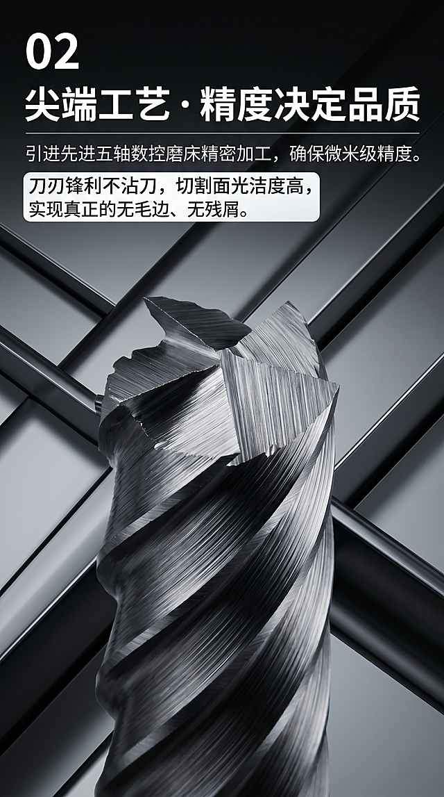 电商详情页第四张，尖端工艺展示页，背景利用背景图中线条利落的交界处，微距视角极度特写刀刃部分，清晰展现研磨痕迹。标题"02 尖端工艺 · 精度决定品质"，正文"引进先进五轴数控磨床精密加工，确保微米级精度。"，亮点"刀刃锋利不沾刀，切割面光洁度高，实现真正的无毛边、无残屑。"，风格精准专业，凸显加工精度优势。