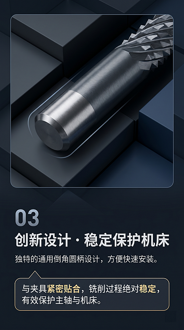 电商详情页第五张，创新设计展示页，背景使用较暗的几何块突出产品轮廓，特写铣刀尾部柄部，展示倒角圆柄细节。标题"03 创新设计 · 稳定保护机床"，正文"独特的通用倒角圆柄设计，方便快速安装。"，亮点"与夹具紧密贴合，铣削过程绝对稳定，有效保护主轴与机床。"，风格专业，突出设计优势。
