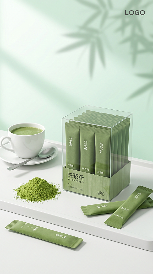 画面核心主体为抹茶粉半透明盒子，，多支独立条状便携抹茶粉包装画面左下角有一小堆细腻蓬松的鲜绿色抹茶粉，画面左侧搭配一套白瓷杯碟，杯内装有抹茶饮品，碟上放置一把哑光金属勺子；条装产品错落摆放在包装盒旁与白色台面上，画面左上区域预留充足空白用于产品文案排版，右上角预留品牌名展示位；画面不直接生成文字内容，仅预留干净的排版空白，避免文字乱码。# 场景设定室内专业影棚场景，浅薄荷绿纯色渐变背景，背景投射柔和虚化的竹叶光影，产品放置在白色哑光平整台面的白色哑光托盘上，整体场景干净极简，无多余杂物，为电商产品展示专属场景，预留充足的文案排版空间。# 风格参考高端商业产品摄影，超写实3D渲染质感，ins清新治愈风，专业电商详情页主图风格，食品级商业大片质感，画面干净高级，无冗余元素，符合养生冲调饮品的高端视觉调性。# 色调色彩整体采用低饱和度莫兰迪绿色系，主色调为清新浅薄荷绿、深抹茶绿、纯净奶白色，色彩通透干净，对比度低，色调统一柔和，无刺眼高饱和色彩，高光温润不曝，阴影无死黑，整体氛围治愈清新。# 构图视角竖版9:16电商主图画幅，45度斜角轻微俯视视角，三分法构图，产品主体集中在画面中下偏右区域，画面左上区域预留大面积空白用于文案添加；采用浅景深效果，焦点精准锁定产品包装盒与条装主体，前后景轻微虚化，突出产品主体，画面层次分明，空间感充足。# 细节补充8K超高清分辨率，极致细腻的细节还原，材质质感真实精准：纸盒的哑光竹纹肌理、条装包装的细腻覆膜质感、抹茶粉的蓬松粉末纹理、白瓷的温润釉面质感、金属勺子的柔和反光；影棚级柔光布光，侧前方均匀打光，光线柔和不生硬，无硬阴影，产品表面有自然细腻的高光，背景竹叶阴影柔和虚化，整体画面无噪点、无杂物，符合高端电商产品图的专业标准。「图片1」「图片1」