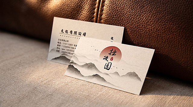 将参考图中的两张名片保持原内容不变，放置在浅米色亚麻质感织物上，织物后方是深棕色荔枝纹皮革（类似沙发扶手），利用两种材质的软硬、明暗对比丰富画面层次。自然光从侧方斜洒，形成柔和光影过渡，皮革有高光，织物呈现漫反射，整体氛围温暖高级，突出名片细节。采用浅景深拍摄，焦点清晰落在前方名片上，背景自然虚化，让名片成为绝对视觉中心，整体氛围静谧有格调。两张参考图：图1是拙政园国风山水红日飞鸟设计图，图2是文化公司中式名片设计