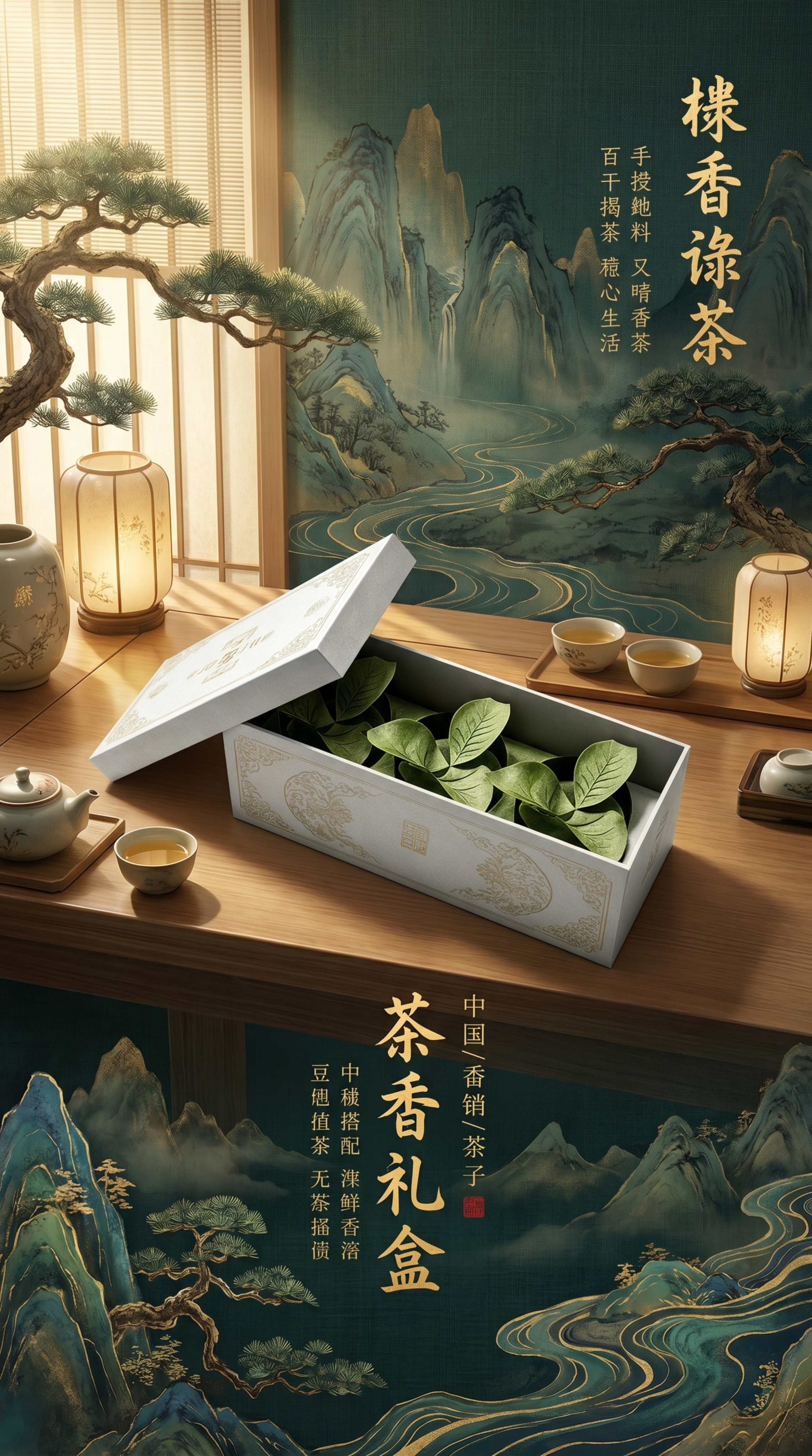 为这款茶叶包装礼盒生成一张高端国风广告海报，保持产品原有设计，… - 图片创意预览
