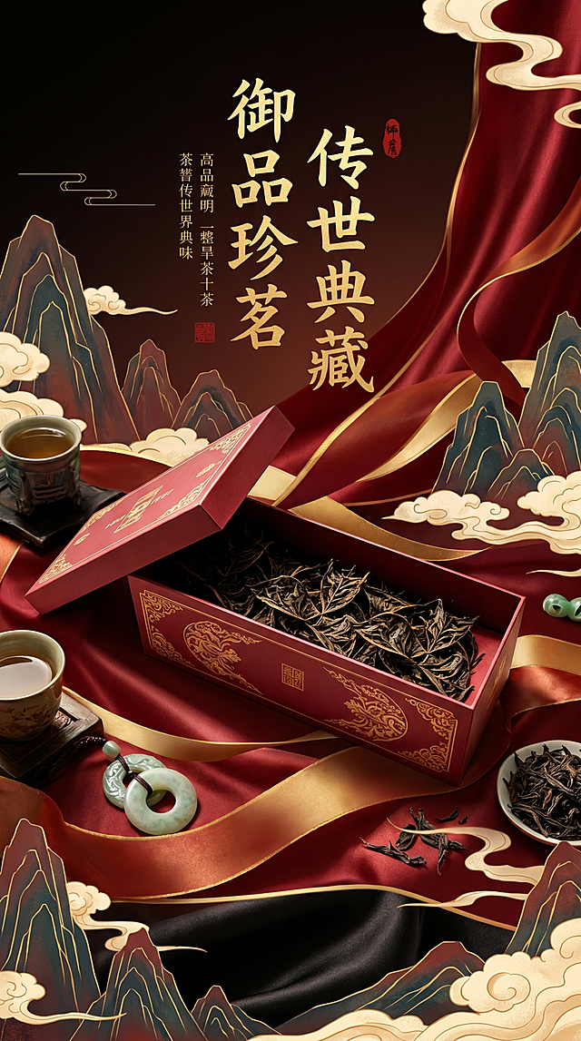为这款盒装茶叶生成一张中式国风茶叶广告海报，红色高档礼盒，保留产品特色，整体风格典雅大气，适合商业宣传