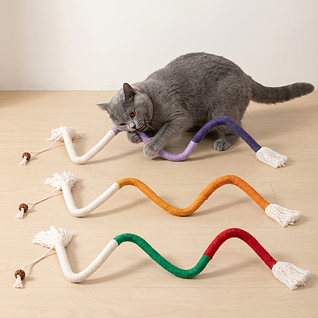 图中三个剑麻猫抓柱玩具，保持产品物理结构和颜色绝对不变，保持三个产品S形排列不变。一只英短蓝猫正在咬玩最上方的猫抓柱，自然互动。放置在浅米色木质地板上，背景是暖白色墙面，营造温馨宠物房氛围。全屋漫射柔光，低对比度，阴影柔和淡，画面明亮干净，温馨治愈。居中构图，平视拍摄，三分法构图。画面生动自然，商业级4K超清，干净通透。严格锁定宽高比为1:1。