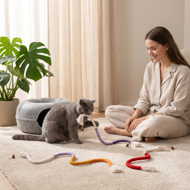 原图三个S形剑麻猫抓柱玩具，保持产品物理结构颜色绝对不变，调整摆放更自然随意，一只英短蓝猫正在咬玩上方玩具，一位年轻女生坐在旁边地毯上，微笑温柔看着猫咪互动，场景布置在温馨简约的客厅角落，浅米色地毯，预览效果