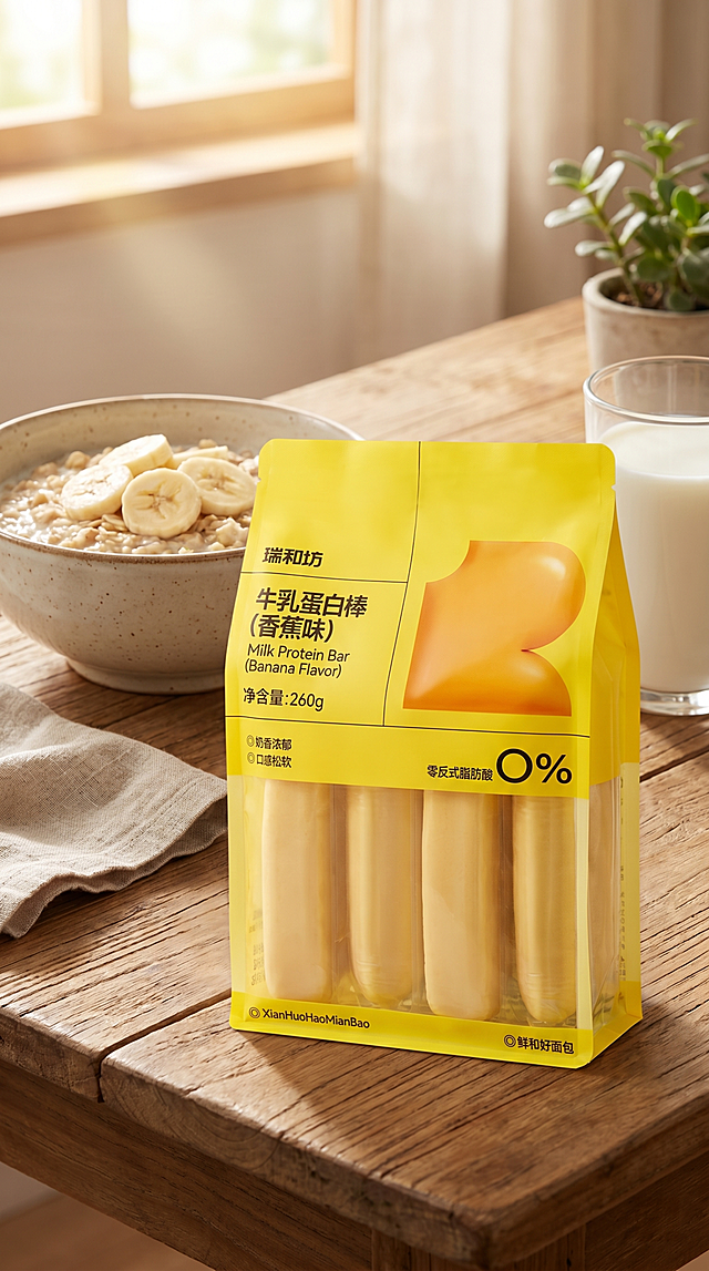 精修这张香蕉味牛乳蛋白棒图片，保持包装内容和文字完整清晰，更换为温馨的用餐场景背景，调整比例为9:16，高分辨率，光影自然，整体温馨舒适，突出产品