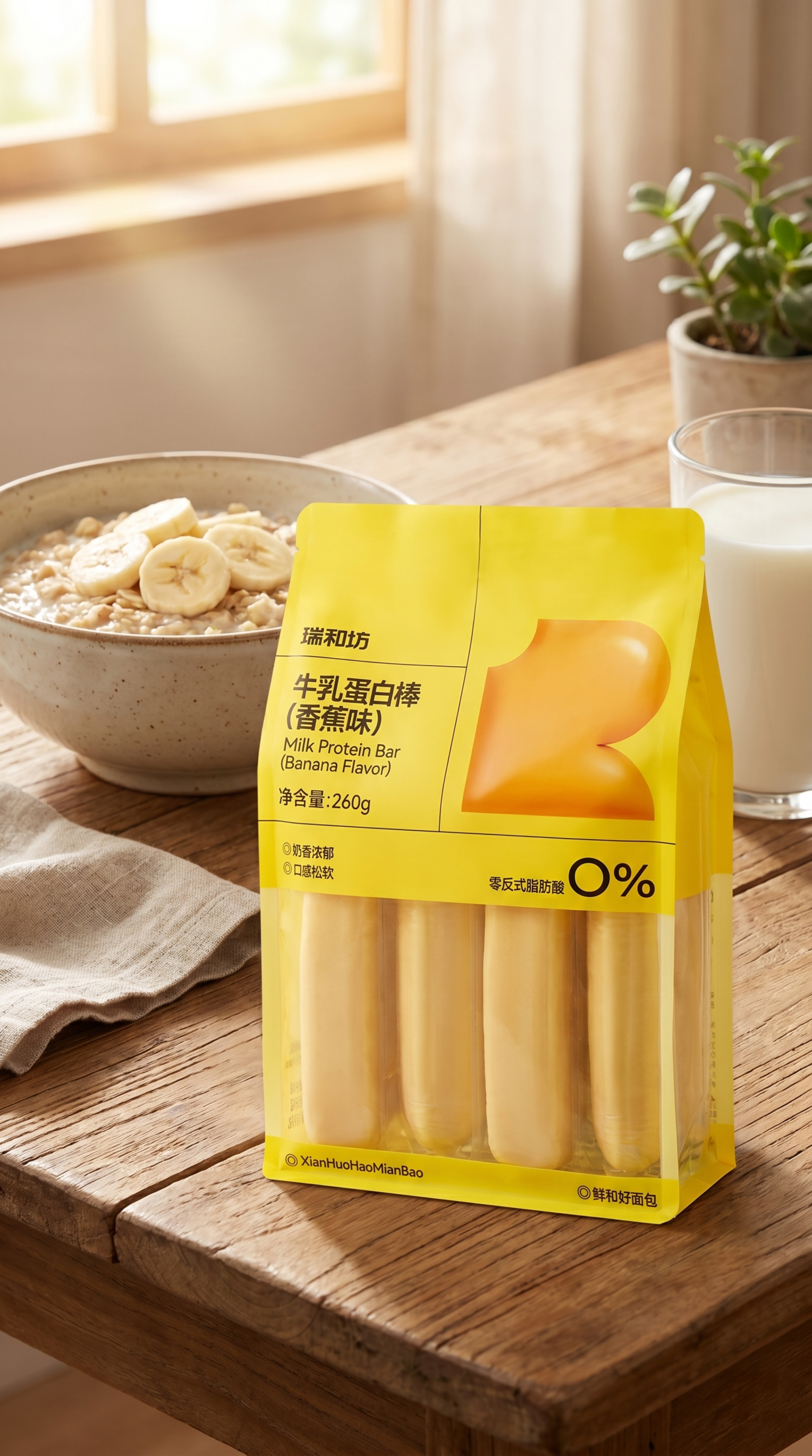 精修这张香蕉味牛乳蛋白棒图片，保持包装内容和文字完整清晰，更换… - 图片创意预览