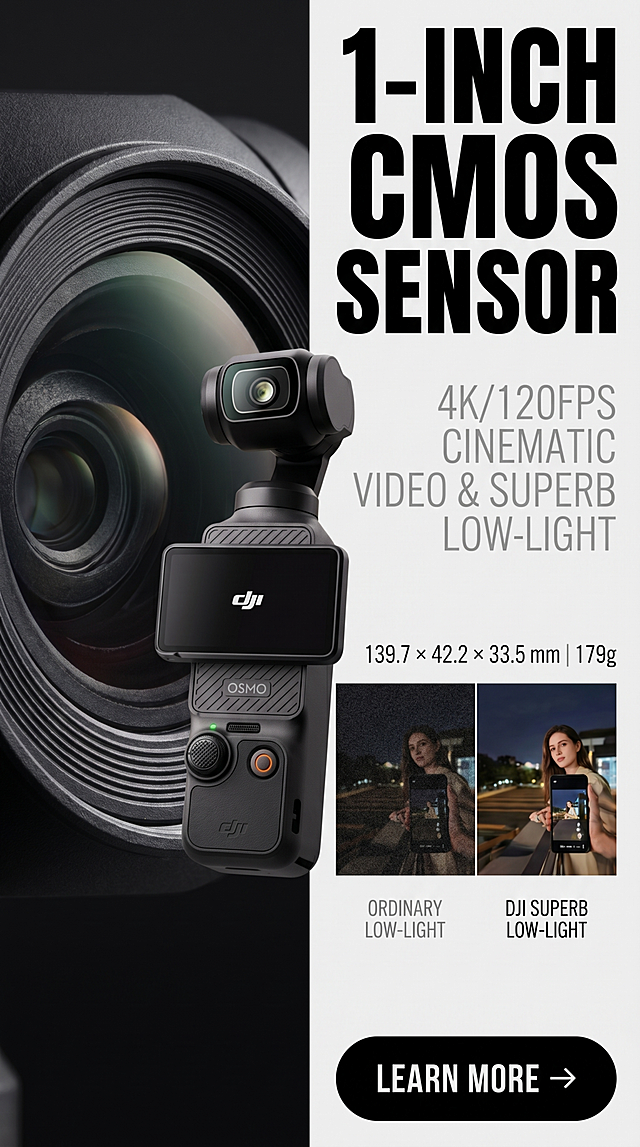 严格还原参考图中的DJI Osmo Pocket 3产品，包括哑光黑机身颜色、DJI/OSMO品牌LOGO位置、文字内容、云台镜头结构等所有细节，产品尺寸约139.7 × 42.2 × 33.5 mm，重量约179g，生成9:16竖屏，8K超清，超高锐度，欧美高端数码杂志轻奢风格，极简高级、低饱和冷调科技配色、通透自然光、专业商业产品摄影，整体视觉统一高级无割裂。主标题："1-INCH CMOS SENSOR"（加粗无衬线大写英文，画面右上置顶，深科技黑，超大字号），副标题："4K/120FPS CINEMATIC VIDEO & SUPERB LOW-LIGHT"（细体无衬线大写英文，主标题下方，浅灰色，中等字号）。整体布局：9:16竖版杂志分栏排版，画面左侧放置相机镜头微距特写，清晰展示大底镜头质感，右侧上下分区排布标题文案与画质数据可视化对比图，直观展示普通相机昏暗画质与DJI高清夜景画质差异；画面底部固定圆角矩形CTA按钮，浅黑底色，白色加粗英文文字 "LEARN MORE →"。设计强调：参数可视化、对比感强烈、镜头细节极致清晰，排版轻奢简约，突出专业电影级画质，适配美国短视频创作者审美。