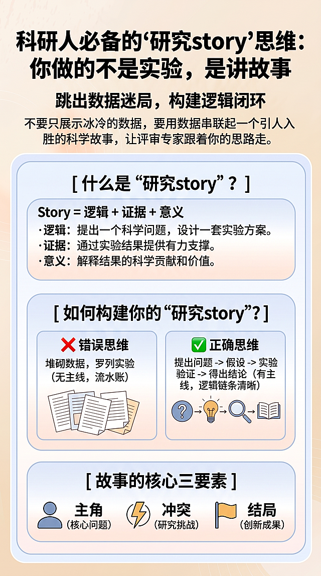 制作一张研究生论文辅导知识科普图文，整体排版精致，画面有质感，无水印，文字清晰可辨认。标题：科研人必备的"研究story"思维：你做的不是实验，是讲故事，正文放在下方，整体采用清新简约学术风格，参考了提供的参考图文的排版样式。所有文字内容必须完整清晰展示在画面中，不要遗漏文字。