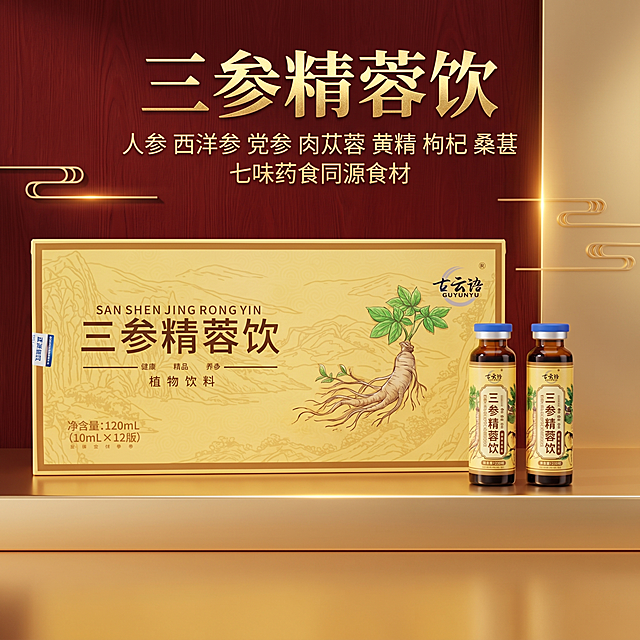 [主图 1] 三参精蓉饮抖音电商首图，国风高级质感。[氛围风格] 中式国风高级质感，简约大气。[画质] 商业摄影级高清质感、光线柔和通透、产品清晰真实、画面干净高级，8K超高清分辨率。[元素] 画面中间展示"正养初 三参精蓉饮"产品礼盒+两瓶口服液，保持产品外观（物理结构、材质质感、颜色）与输入产品图绝对一致，杜绝任何变形和色差，精细化处理，瓶身和礼盒上的品牌LOGO清晰可见。商品主体占比严格控制在70%左右。画面侧边搭配简约金色祥云纹样点缀，整体干净通透，无多余杂乱元素。[光影] 主光均匀柔和打亮产品主体，突出产品轮廓和质感；辅助光弱化阴影，增加通透感；金色祥云处增加低亮度点缀光，提升高级氛围感，光比舒适通透。[配色] 背景主色为深红木纹搭配暖金色渐变；文字为烫金色，与深背景形成强烈对比，清晰易读。[视角构图] 平视视角，产品居中对称构图，景深适中，产品完整不切割，满屏无边框。[文字版式] 画面上方负空间居中放置主标题，主标题用醒目的烫金大字写着"三参精蓉饮"，字体最大且粗；画面下方放置小字标注"人参 西洋参 党参 肉苁蓉 黄精 枸杞 桑葚 七味药食同源食材"，字号约为主标题的四分之一，颜色浅金，对齐主标题居中，文字不遮挡产品主体。[比例分辨率] 1:1 比例，8K分辨率；文字清晰锐利，超高清。[负向提示词] 变形，水印，文字错乱，产品图模糊，背景杂乱，牛皮癣，配色刺眼，遮挡主体