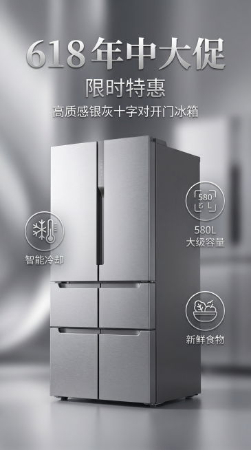 618商业营销海报，展示这款十字对开门冰箱，包含精简的商品信息图元素，高质感银灰配色，f/2.8镜头拍摄，柔和景深照片写实质感，无畸变预览效果