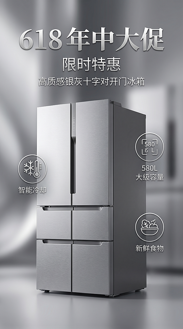 618商业营销海报，展示这款十字对开门冰箱，包含精简的商品信息图元素，高质感银灰配色，f/2.8镜头拍摄，柔和景深照片写实质感，无畸变