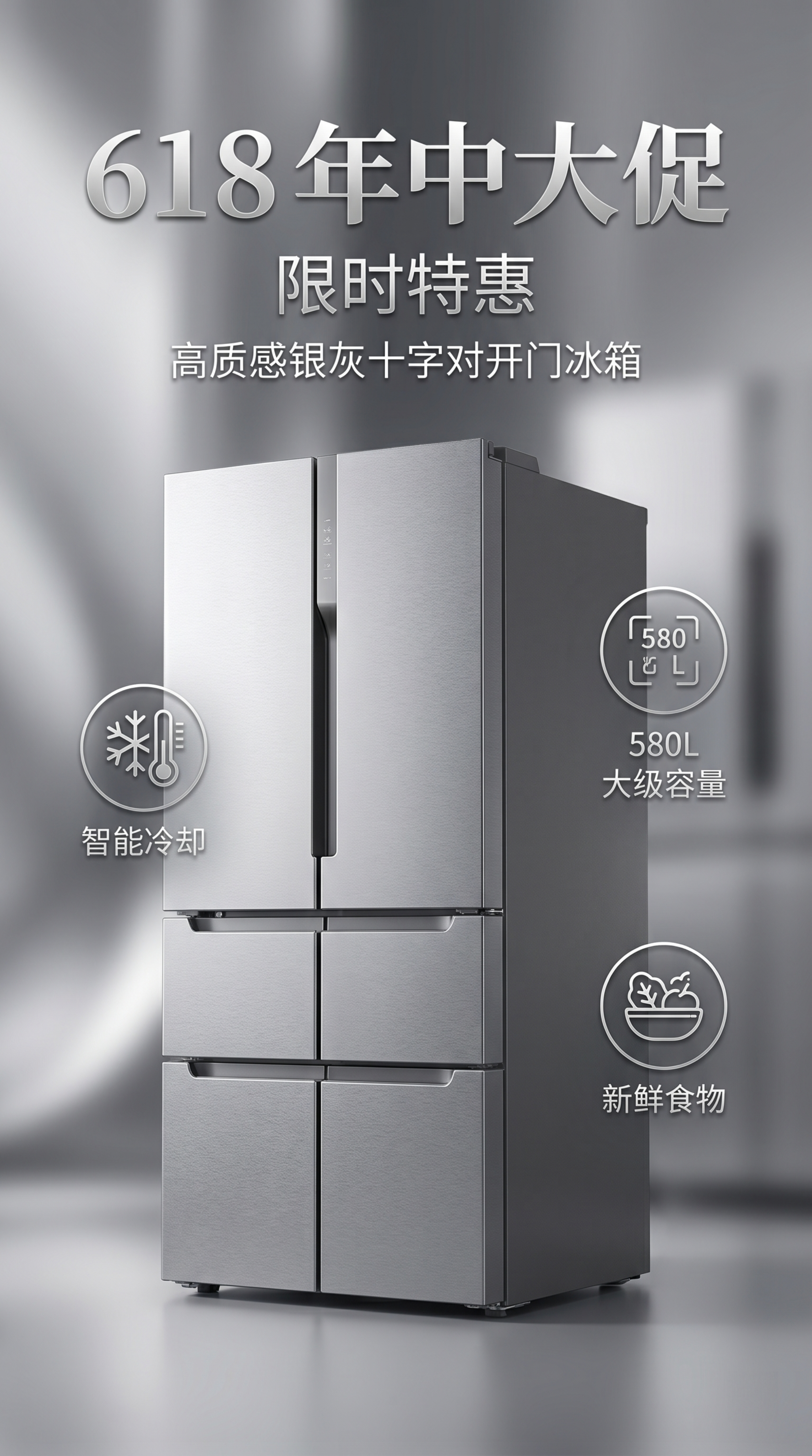 618商业营销海报，展示这款十字对开门冰箱，包含精简的商品信息… - 图片创意预览