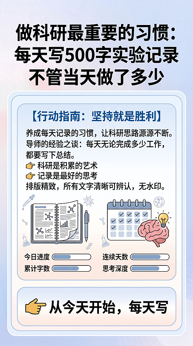研究生论文辅导知识科普图文，标题为'做科研最重要的习惯：每天写500字实验记录'，副标题'不管当天做了多少'，正文内容为：👉 科研是积累的艺术
👉 记录是最好的思考，排版精致，所有文字清晰可辨认，无水印，采用简约浅蓝渐变背景，风格和参考图一致，这是第一张图文