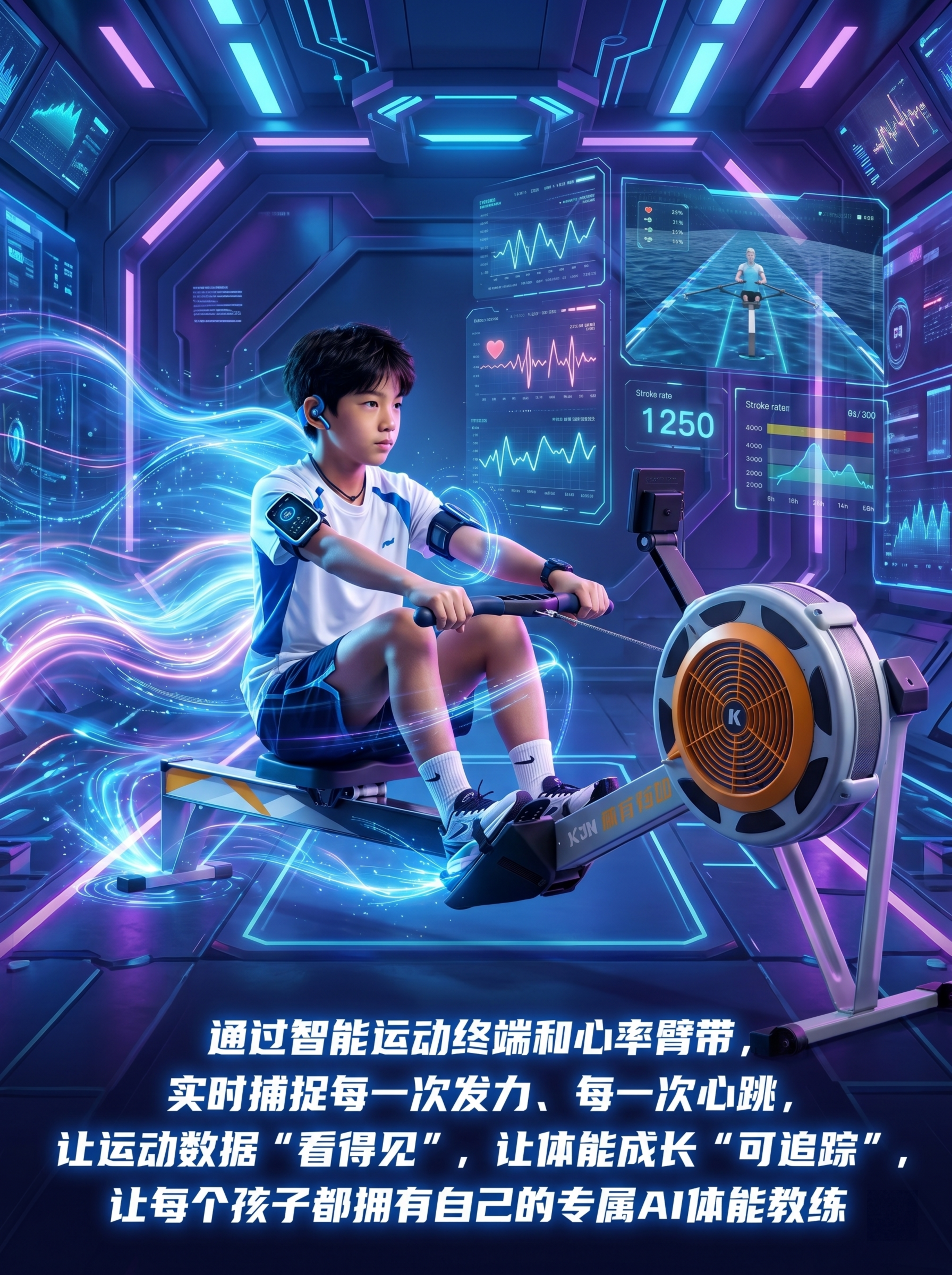 完全重新生成元宇宙科技风格海报，男孩在画面中心使用赛艇划船机健… - 图片创意预览