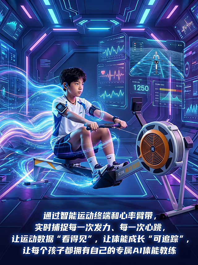 完全重新生成元宇宙科技风格海报，男孩在画面中心使用赛艇划船机健身，佩戴智能运动终端和心率臂带，周围环绕全息数据投影，蓝紫霓虹赛博背景，动态光效粒子，强烈运动拼搏感，元宇宙虚拟健身场景，中心构图主体清晰，写实融合数字艺术风格，完整保留文案：通过智能运动终端和心率臂带，实时捕捉每一次发力、每一次心跳，让运动数据“看得见”，让体能成长“可追踪”，让每个孩子都拥有自己的专属AI体能教练
