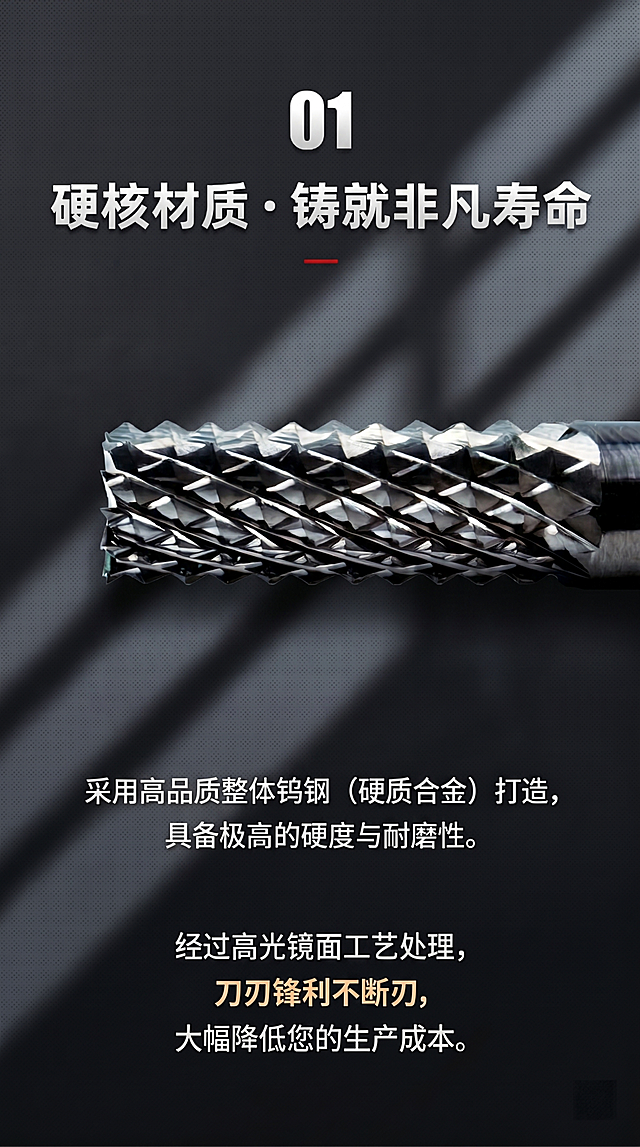 保留原图的所有文字、排版和深色斜纹背景，将钻头位置替换成第一张图的网纹纹理钻头，保持整体光影和风格一致