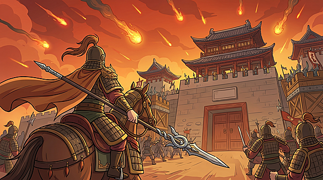 生成符合核心主题构图的古代战争史诗场景：骑兵突袭，背影视角，前景为参考图中手持长枪的骑马武将，武将身披重甲，战马披挂护甲；中景为古代城池城门与守军，城楼为中式飞檐翘角古建筑，背景是燃烧的天空，流星火雨坠落，动态三分法构图，低角度仰视广角镜头。采用参考图的2D卡通渲染插画风，矢量艺术质感，扁平化高饱和度暖色调，清晰轮廓线，色彩块面分明。营造紧张激烈战斗氛围，史诗感，戏剧性光影，8k分辨率，高清矢量图，线条锐利，色彩对比强烈，光影层次分明，无模糊无失真，细节丰富，适合游戏原画