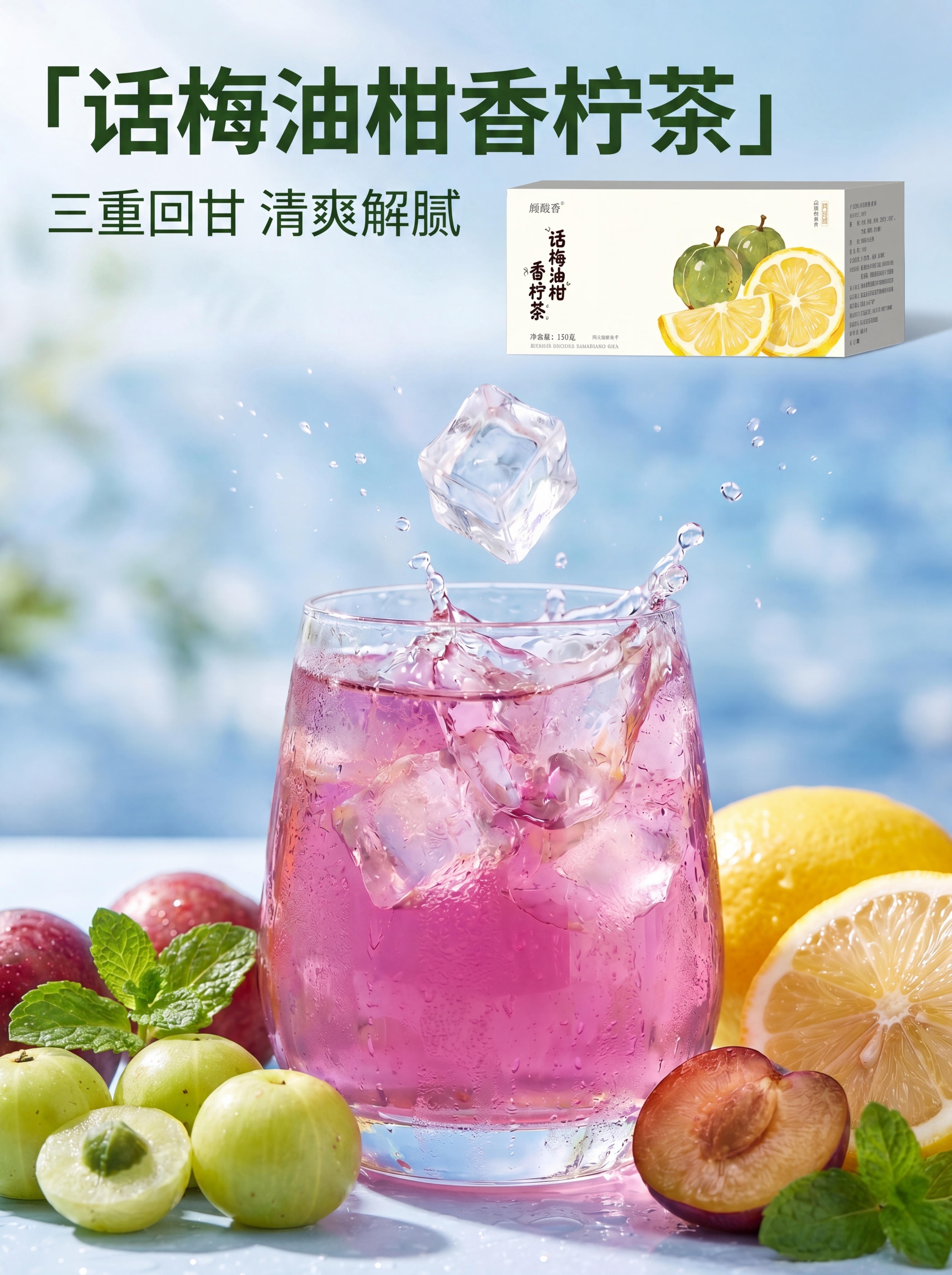 [主图 1] 话梅油柑香柠茶超写实产品首图，极致真实摄影质感，… - 图片创意预览