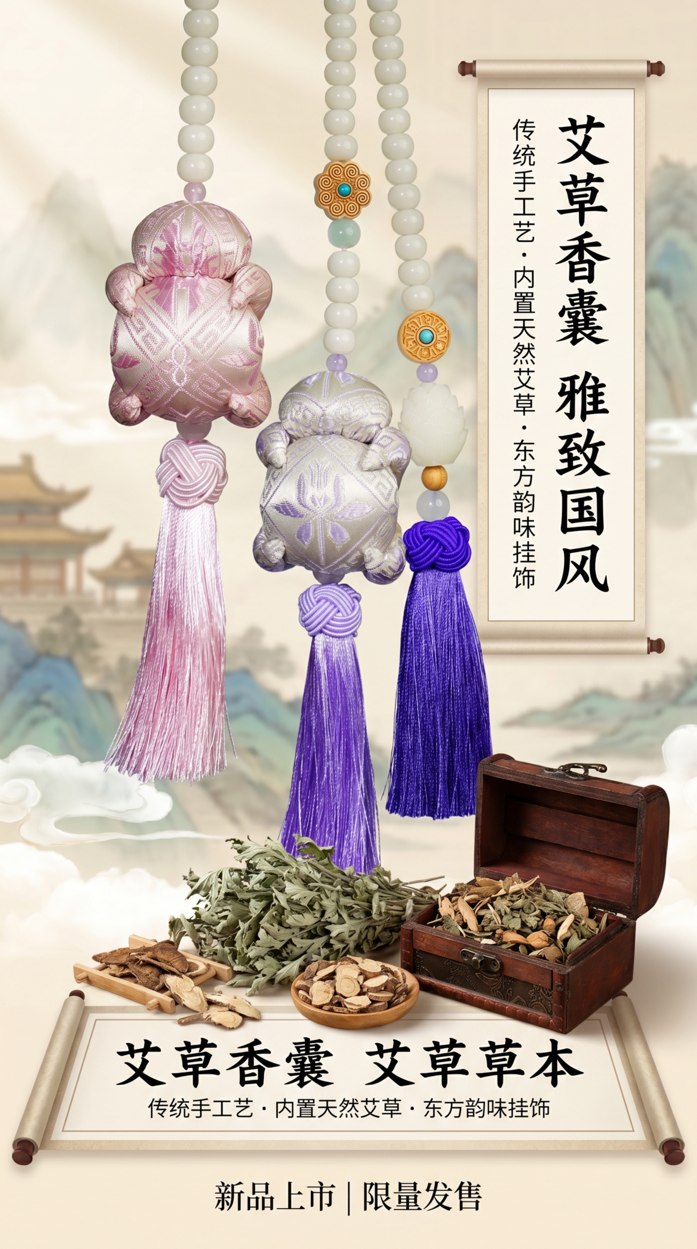 设计一张国内电商平台商品海报，展示两款国风麽乜挂坠，一款粉色渐… - 图片创意预览