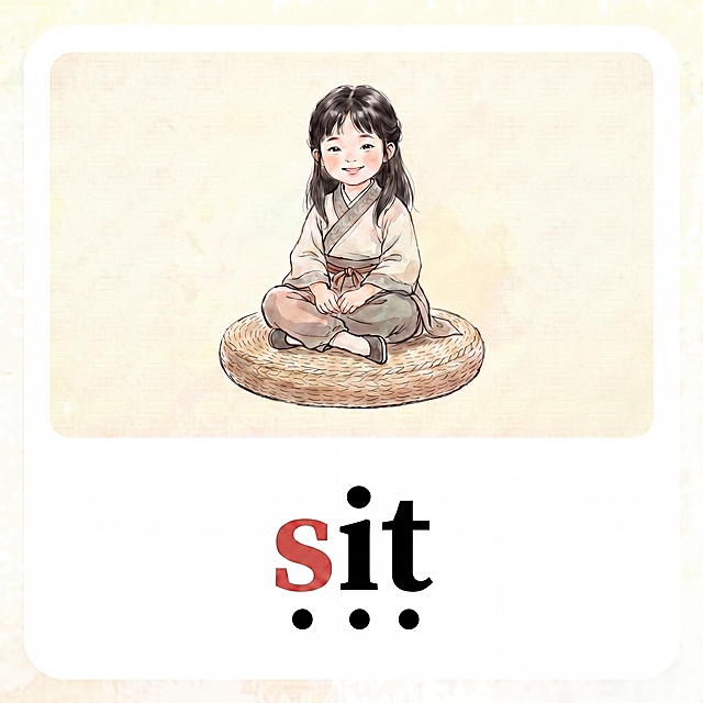 基于 image1（https://dify-grsai.dancf.com/images/da1bd6a07ed747d596993b029193f519.png）修正圆点尺寸：
- 将 s/i/t 下方三个黑色圆点缩小至 image2（https://dify-grsai.dancf.com/images/3259028c456e40228433a67a7711d6b3.png）中圆点的相同大小
- 保持圆点位置（s/i/t 正下方）和底部水平对齐不变
- 保留小女孩盘坐插图、米黄背景、单词颜色均不变
- 尺寸 1080×1080，4K，风格与全系列一致