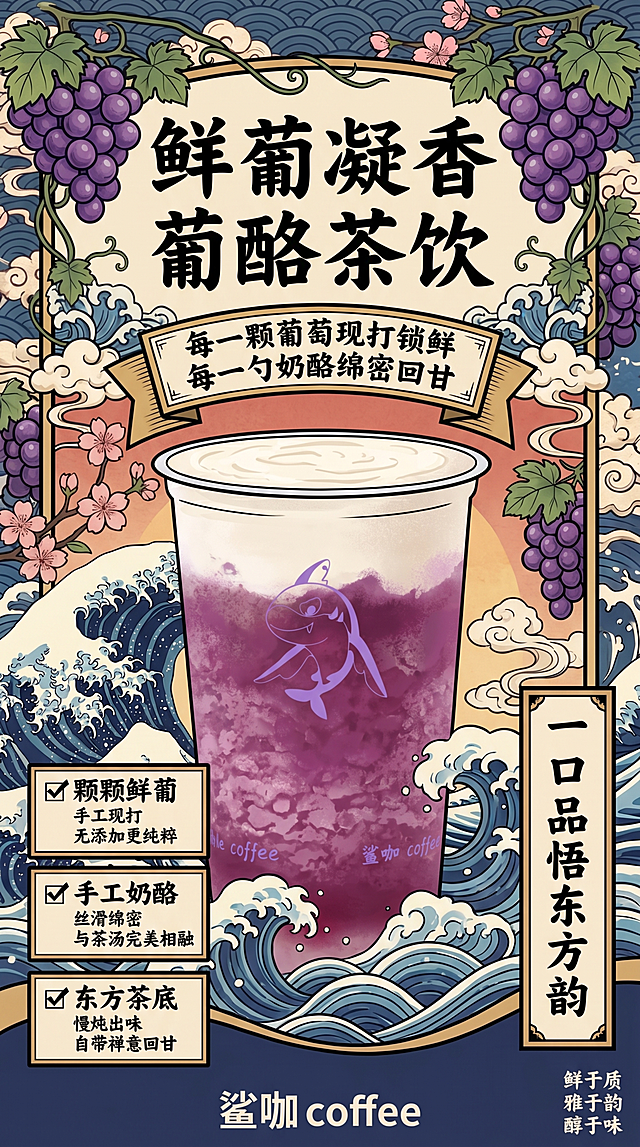 鲜葡凝香细节款葡酪茶饮宣传海报，日式浮世绘风格，竖版构图，主标题竖排字体精致，搭配日式葡萄纹；副标题居中突出细节：每一颗葡萄现打锁鲜 每一勺奶酪绵密回甘；左下方核心卖点侧重食材细节：✅ 颗颗鲜葡 手工现打 无添加更纯粹✅ 手工奶酪 丝滑绵密 与茶汤完美相融✅ 东方茶底 慢炖出味 自带禅意回甘；右下方竖排标语"一口品悟东方韵"贴合细节质感；底部居中品牌名"鲨咖 coffee"，角落添加日式小楷小字点缀"鲜于质 雅于韵 醇于味"，突出食材细节，结合日式纹样，平衡颜值与卖点。