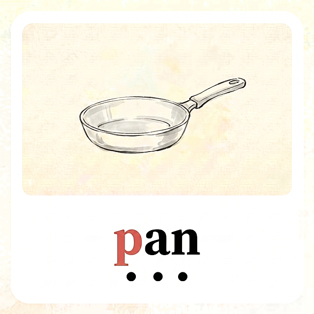 基于 image1（https://dify-grsai.dancf.com/images/3259028c456e40228433a67a7711d6b3.png）模板，生成 'pan' 单词卡：
- 背景：带肌理标准米黄 #F9F0E0，圆角白卡框，无装饰，与 image1 完全一致
- 中间插图：手绘平底锅，水墨淡彩风格，简约清晰
- 下方单词：'pan' 居中，首字母 'p' 陶土红 #A52A2A，其余字母黑色粗体，字体大小与 image1 一致
- 标注要求：在字母 p、a、n 每个字母正下方，各添加一个实心黑色小圆点，圆点尺寸与 image1 中一致，三个圆点底部水平对齐，间距均匀
- 尺寸 1080×1080，4K，极简新中式风格，与全系列完全统一