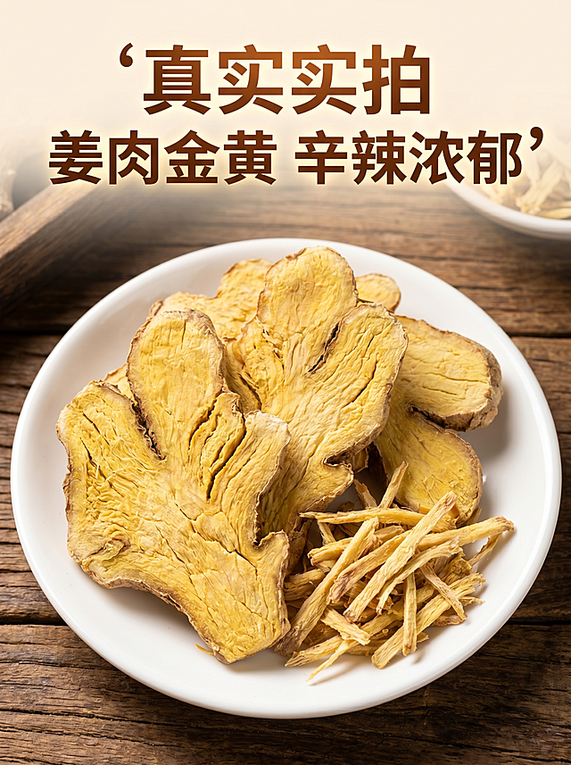 展示风干姜内部切面特写，白盘子上摆放切片和姜丝，深木质桌面背景，上方配大字文案‘真实实拍 姜肉金黄 辛辣浓郁’，清晰展示姜肉纹理，真实自然质感，适合电商详情页产品展示