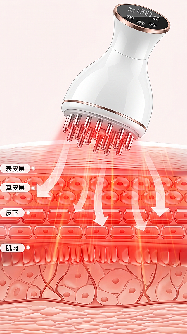考图一的透红色光线穿透皮肤层次效果图风格，使用图二、图三、图四提供的产品实物，重新生成产品作用于皮肤的原理图，保留原皮肤分层标注（表皮层、真皮层、皮下、肌肉）和光线箭头示意，移除所有水印，保持原图的比例不变，产品本身形状不可以变形