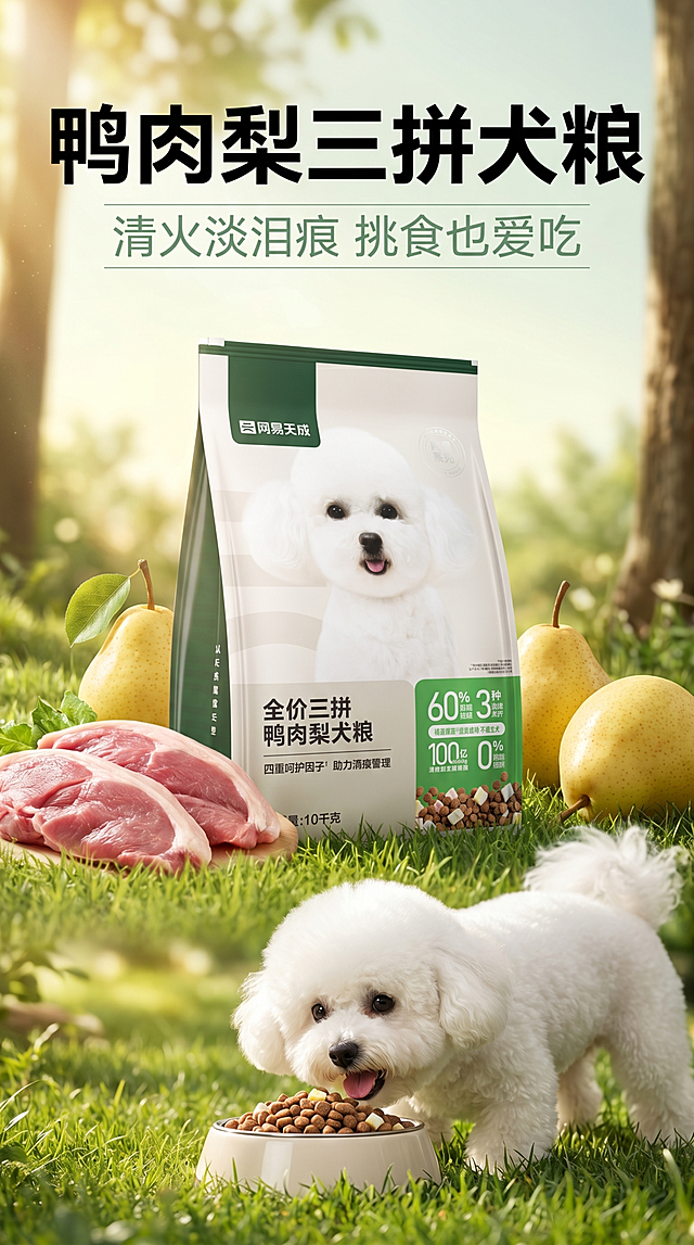 全屏统一清新自然治愈风，实景实拍质感，森系深绿+柔和米白+浅暖自然光色调，整体干净通透、治愈高级。主文案"鸭肉梨三拼犬粮"居中超大粗黑字体，视觉重心置顶，副文案"清火淡泪痕 挑食也爱吃"居中排布于主文案下方，字体纤细浅绿，间距适中。户外清新草坪实景场景，画面中心摆放网易天成鸭肉梨犬粮产品正装，旁侧搭配新鲜鸭肉、雪梨鲜果食材特写，画面下方是一只毛发顺滑、无泪痕的干净比熊犬欢快进食实景，整体构图对称饱满，场景治愈自然。8K超高清实景拍摄，自然光柔和通透，产品颗粒纹理、食材质感、狗狗毛发细节清晰，画面通透干净，电商高级质感