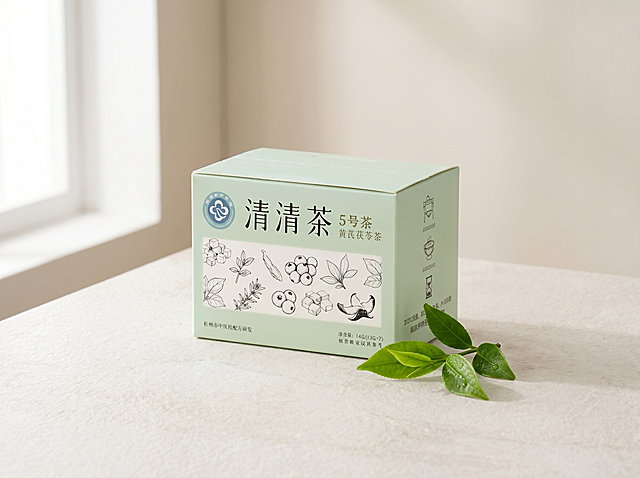 保持原产品浅绿色包装清清茶5号茶黄芪茯苓茶物理结构绝对不变，保持文字和logo原样，不添加参考图以外的产品，严禁包装扭曲变形。
主体放置在浅米白磨砂岩板桌面上，柔和莫兰迪浅米色背景，拉开景深。
全屋漫射柔光，从左侧窗户透入，低对比度，阴影极淡柔和，画面明亮干净。
45度微俯视构图，居中放置。
旁边点缀一小枝新鲜绿茶，叶片带有晶莹露珠，背景虚化，增加生机。
商业高端养生茶摄影，4K分辨率，保持4:3比例，极具自然质感，符合国内电商种草氛围。