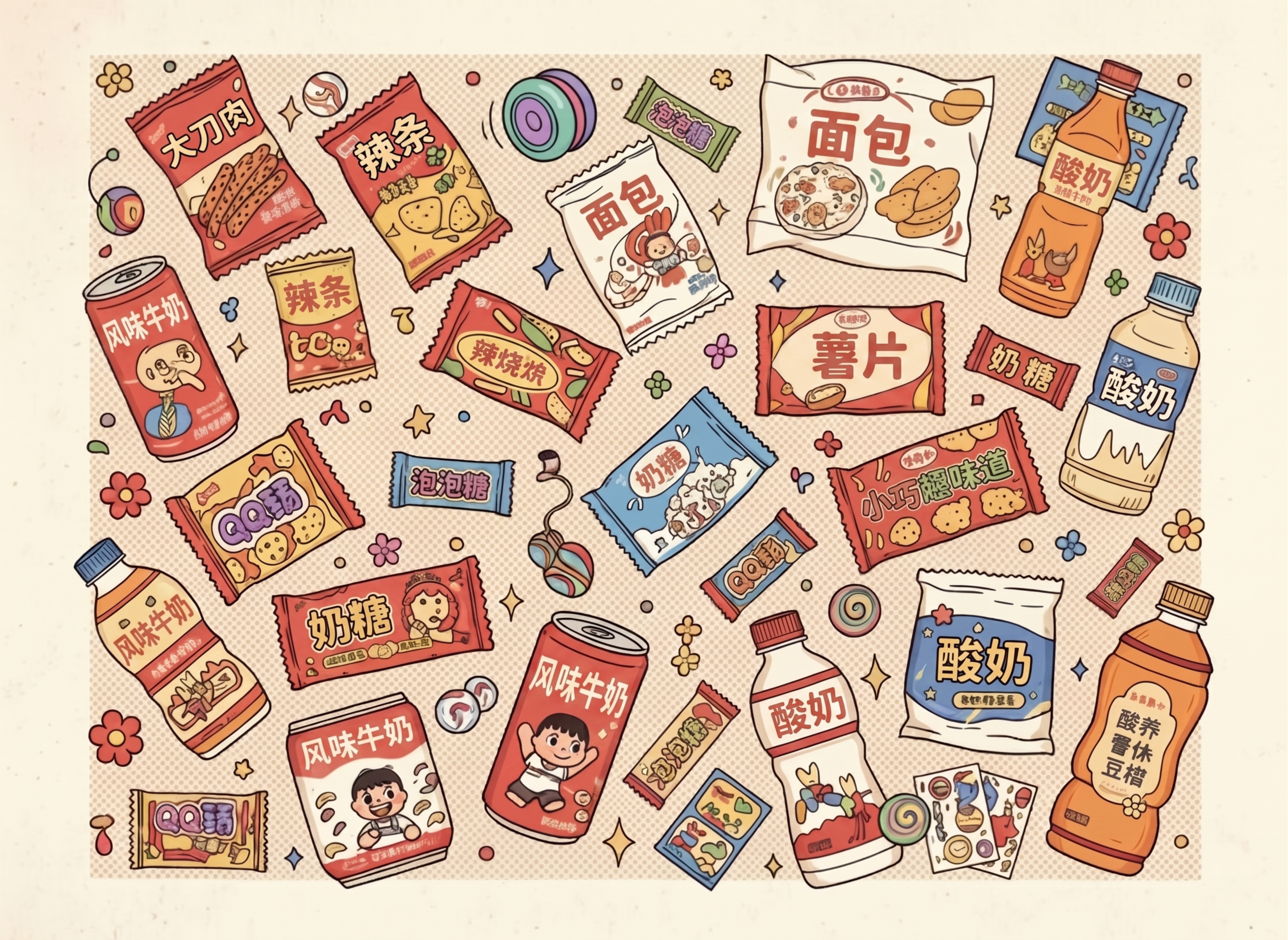 基于参考图，保持复古怀旧零食插画风格不变，将图片包装袋和瓶身上… - 图片创意预览