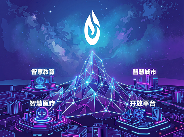 在保持当前蓝紫霓虹赛博风格、logo、四个主题分区（智慧教育、智慧城市、智慧医疗、开放平台）及网络连线不变的前提下，将中心山体整体增高，使其更突出、更具视觉重心，仍为多边形几何风格
