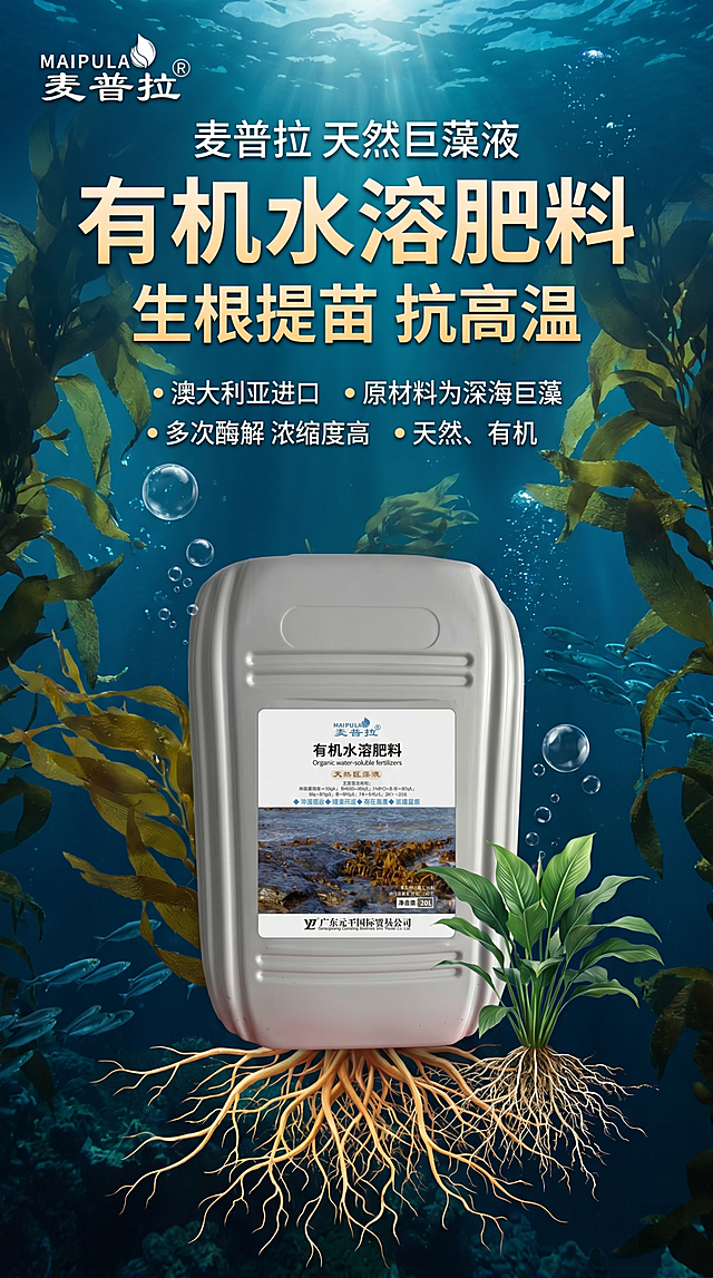 澳大利亚进口巨藻液有机水溶肥料产品推广海报，风格融合深海和海藻元素，原材料为深海巨藻，多次酶解浓缩度高，生根提苗抗高温效果明显，画面要展示产品包装，整体色调为深海蓝，背景融入深海海藻景观，突出天然、有机产品卖点，排版清晰，主题明确，包含文案'麦普拉 天然巨藻液 有机水溶肥料 生根提苗 抗高温'。