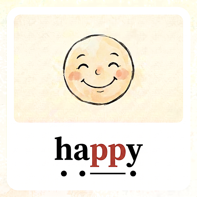 基于 image1（https://dify-grsai.dancf.com/images/3259028c456e40228433a67a7711d6b3.png）模板，生成 'happy' 单词卡：
- 背景：带肌理标准米黄 #F9F0E0，圆角白卡框，无装饰，与 image1 完全一致
- 中间插图：手绘微笑笑脸，水墨淡彩风格，温馨可爱，契合主题
- 下方单词：'happy' 居中，字母组合 pp 两个字母均为陶土红 #A52A2A，h/a/y 为黑色粗体，字体大小与 image1 一致
- 标注要求：h 正下方加一个实心黑色小圆点，a 正下方加一个实心黑色小圆点，y 正下方加一个实心黑色小圆点，字母组合 pp 下方加一条黑色横线；所有圆点底部与 pp 下方横线底部保持水平对齐，圆点尺寸与 image1 一致
- 尺寸 1080×1080，4K，极简新中式风格，与全系列完全统一