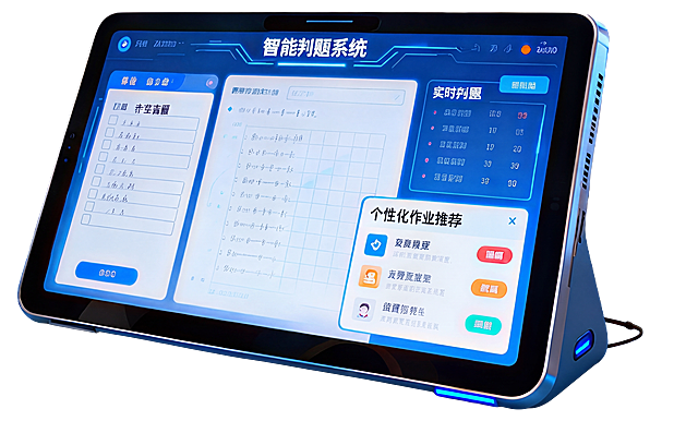 保留平板设备和屏幕上的智能判题系统界面，修正界面文字使其清晰可识别，去除画面中所有多余人物（包括触摸屏幕的手和周边人物）