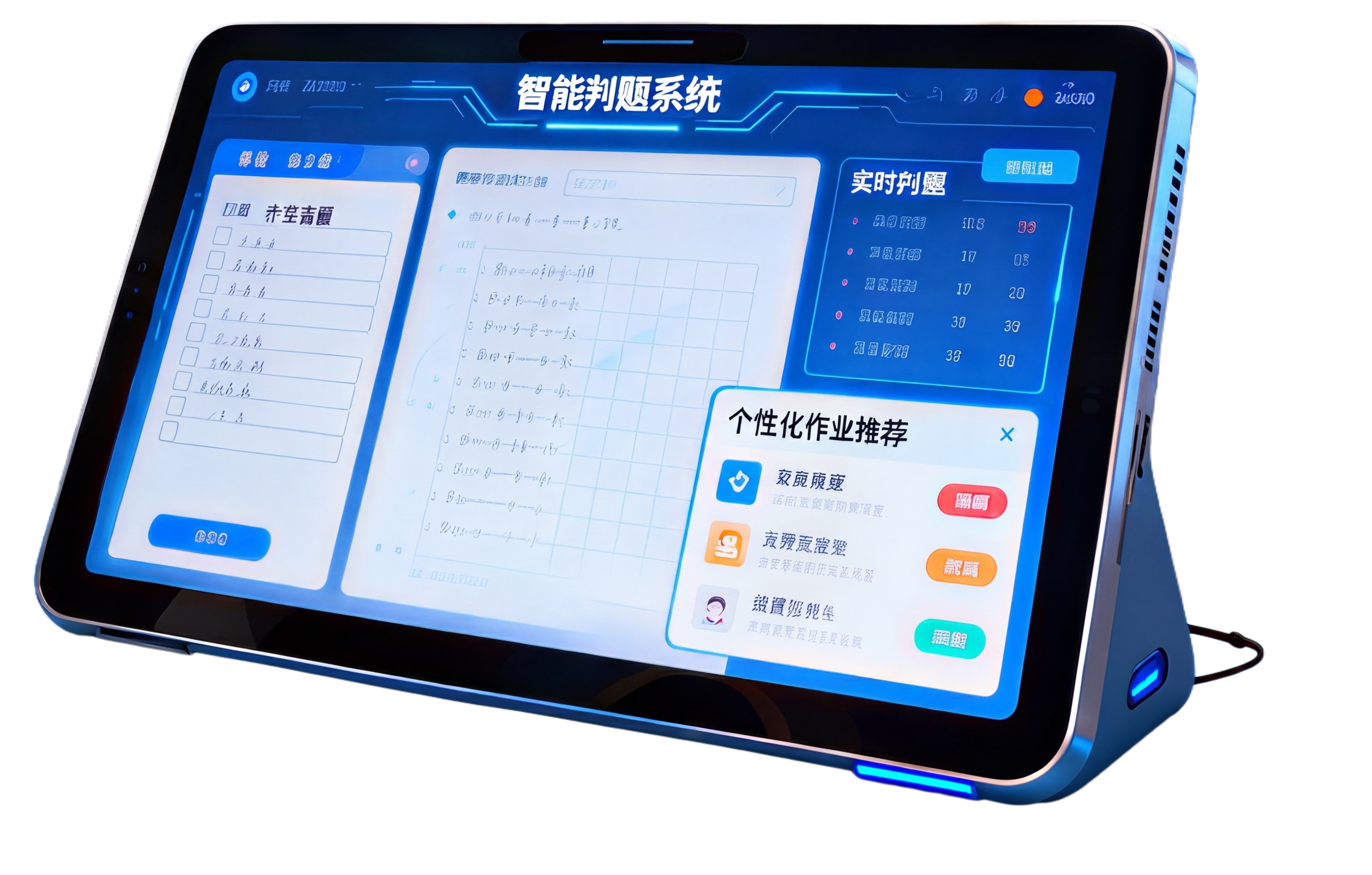 保留平板设备和屏幕上的智能判题系统界面，修正界面文字使其清晰可… - 图片创意预览