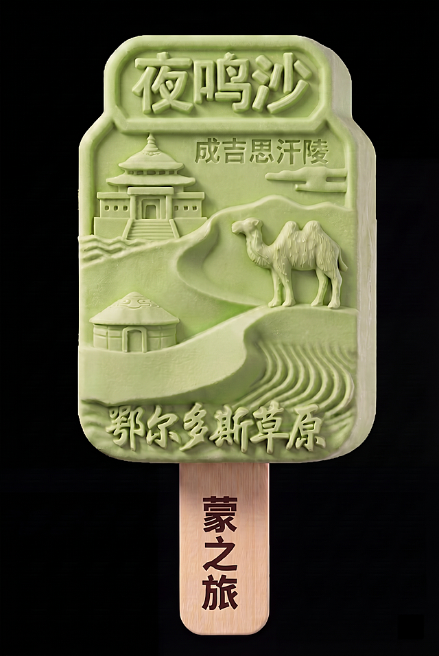 保持浅绿色哈密瓜色雪糕所有雕刻图案、文字、角度不变，将雪糕整体修改为柔和奶油风质感，确认雪糕棍上“蒙之旅”为棕色，保持黑色背景不变，细节清晰，4K超清