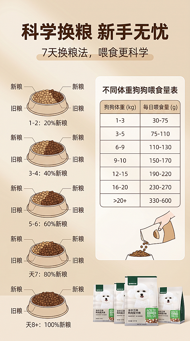 电商详情页第九屏，主文案“科学换粮 新手无忧”居中放大，粗黑深棕色字体，副文案“7天换粮法，喂食更科学”在主文案正下方，纤细浅棕色字体，排版居中。画面左侧为7天换粮法步骤示意图，第1-7天新粮占比渐变，用不同深浅棕色区分新粮、旧粮，右侧为不同体重狗狗的喂食量表，表格规整，画面下方摆放产品小包装。背景为浅米色渐变，左右分栏构图，信息清晰排版规整，右侧点缀一个换粮步骤的简约示意图小插画，贴合实用指引主题。高清8K分辨率，步骤示意图、喂食量表字体清晰，颜色区分明显，产品小包装细节清晰，柔和自然光，色调柔和无反光，表格线条为浅灰色，文字颜色为深棕色，易读性强，整体画质简洁干净。竖版构图适合电商详情页展示。