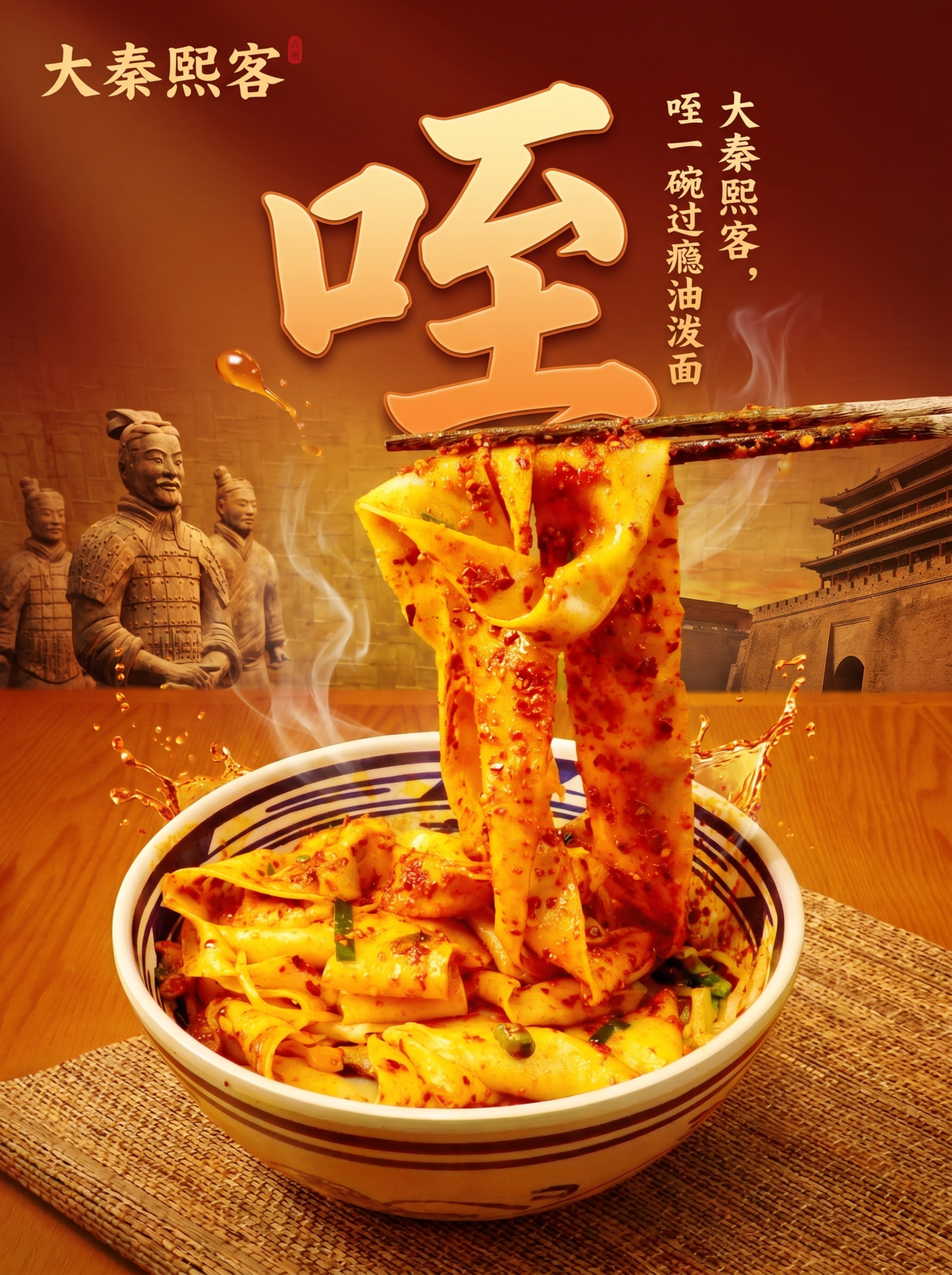 基于这张陕西油泼宽面皮的图片，生成一张大秦熙客品牌的美食宣传海… - 图片创意预览