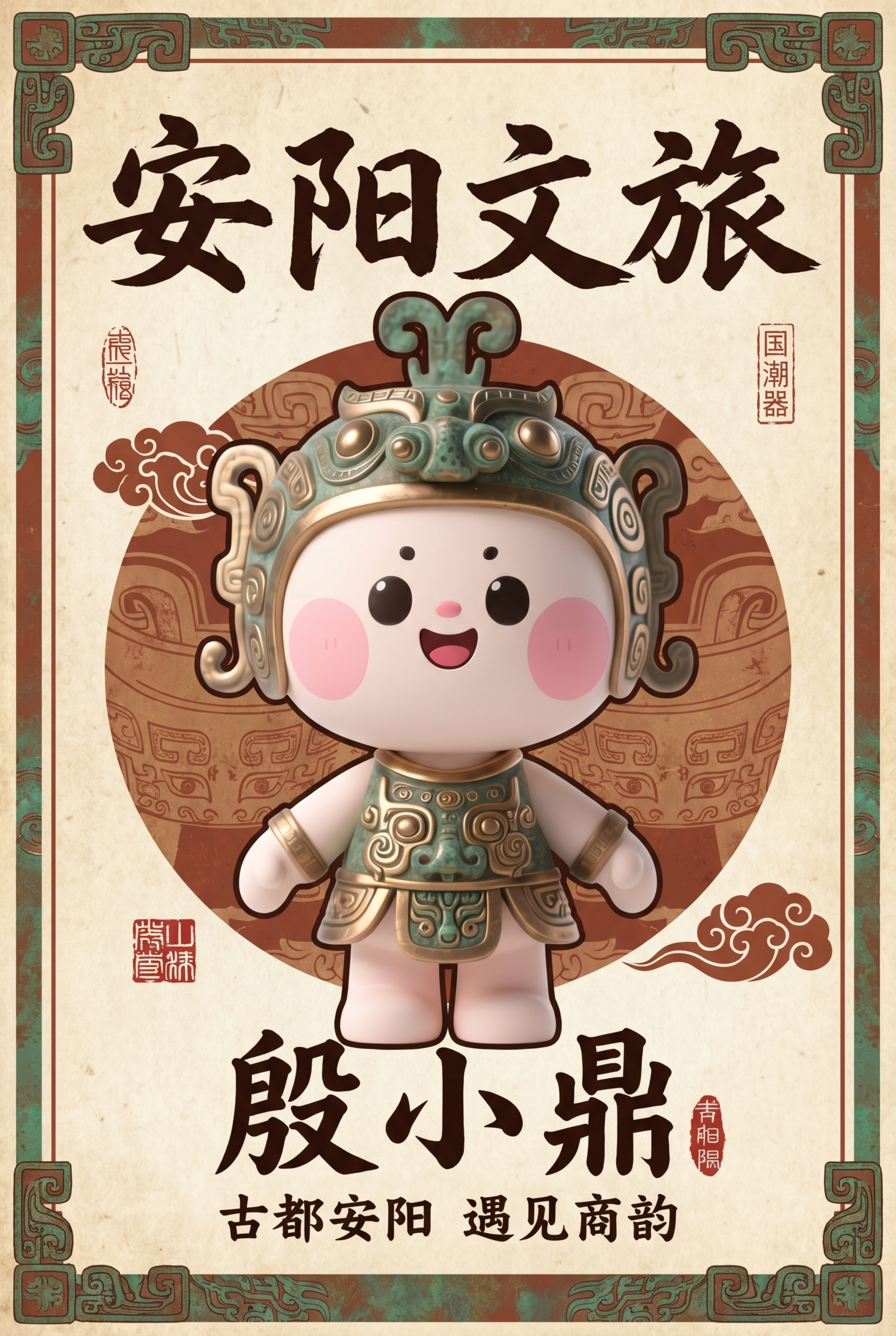 原创IP盲盒形象殷小鼎正视图居中，竖版国潮风海报，主题安阳文旅… - 图片创意预览