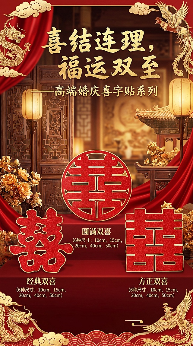 国潮风融合鎏金浮雕与剪纸元素，红金配色彰显喜庆奢华，大字风“囍”字突出中式古典韵味，龙凤呈祥寓意吉祥，尽显高端婚庆氛围。