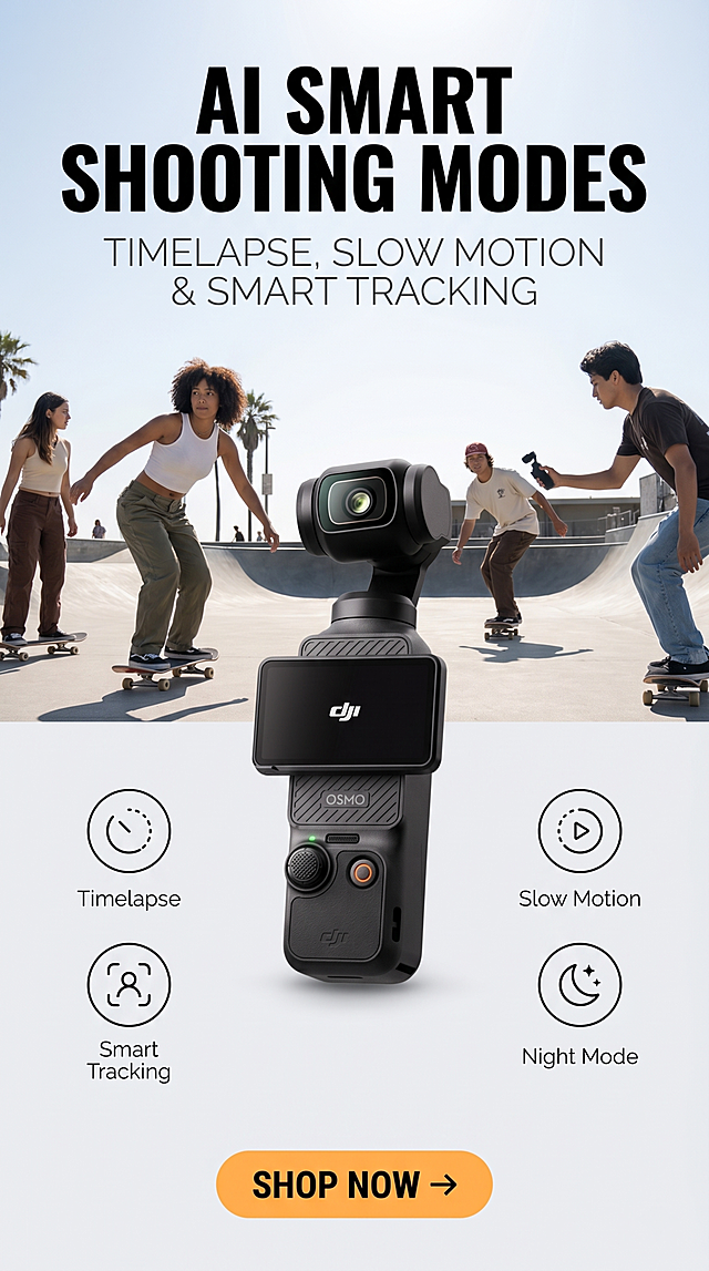 严格还原参考图中的DJI Osmo Pocket 3产品细节：哑光黑机身颜色、DJI/OSMO品牌LOGO位置、文字内容、云台镜头结构，产品尺寸约139.7 × 42.2 × 33.5 mm，重量约179g；生成9:16竖版潮流杂志海报，8K超清，超高锐度，欧美高端数码杂志轻奢风格，极简高级低饱和冷调科技配色，街头自然光影，美式潮流场景摄影，整体视觉统一高级无割裂。主标题为"AI SMART SHOOTING MODES"，加粗无衬线大写英文，画面左上置顶，深科技黑，超大字号；副标题为"TIMELAPSE, SLOW MOTION & SMART TRACKING"，细体无衬线大写英文，主标题下方，浅灰色，中等字号。整体布局：画面上半部分为欧美多元年轻创作者在街头滑板场使用相机智能跟拍的动态场景；画面下半部分排布4个简约圆形功能图标，对应延时、慢动作、智能跟随、夜景模式；底部放置圆角矩形CTA按钮，橙色底色，黑色加粗英文文字"SHOP NOW →"。设计风格：场景潮流年轻化、功能直观易懂，贴合美国社交短视频创作需求。