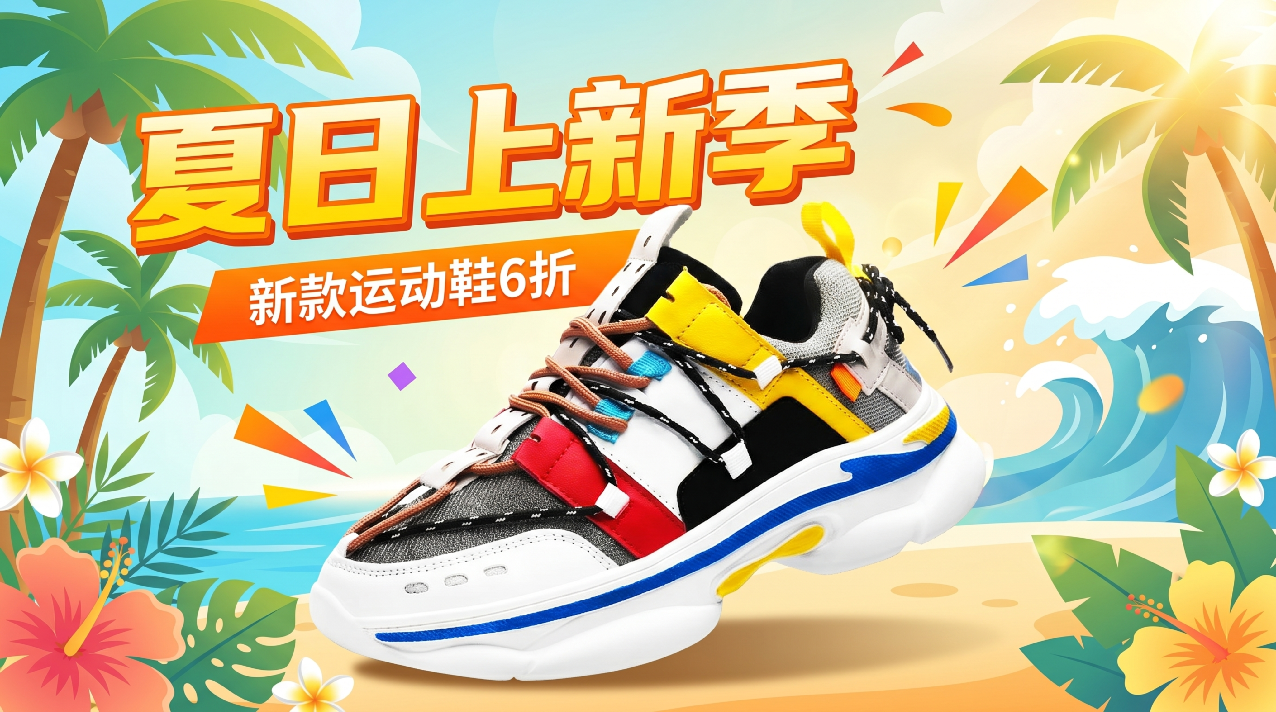 电商横屏海报，使用这张运动鞋产品图，主标题文字为"夏日上新季"… - 图片创意预览