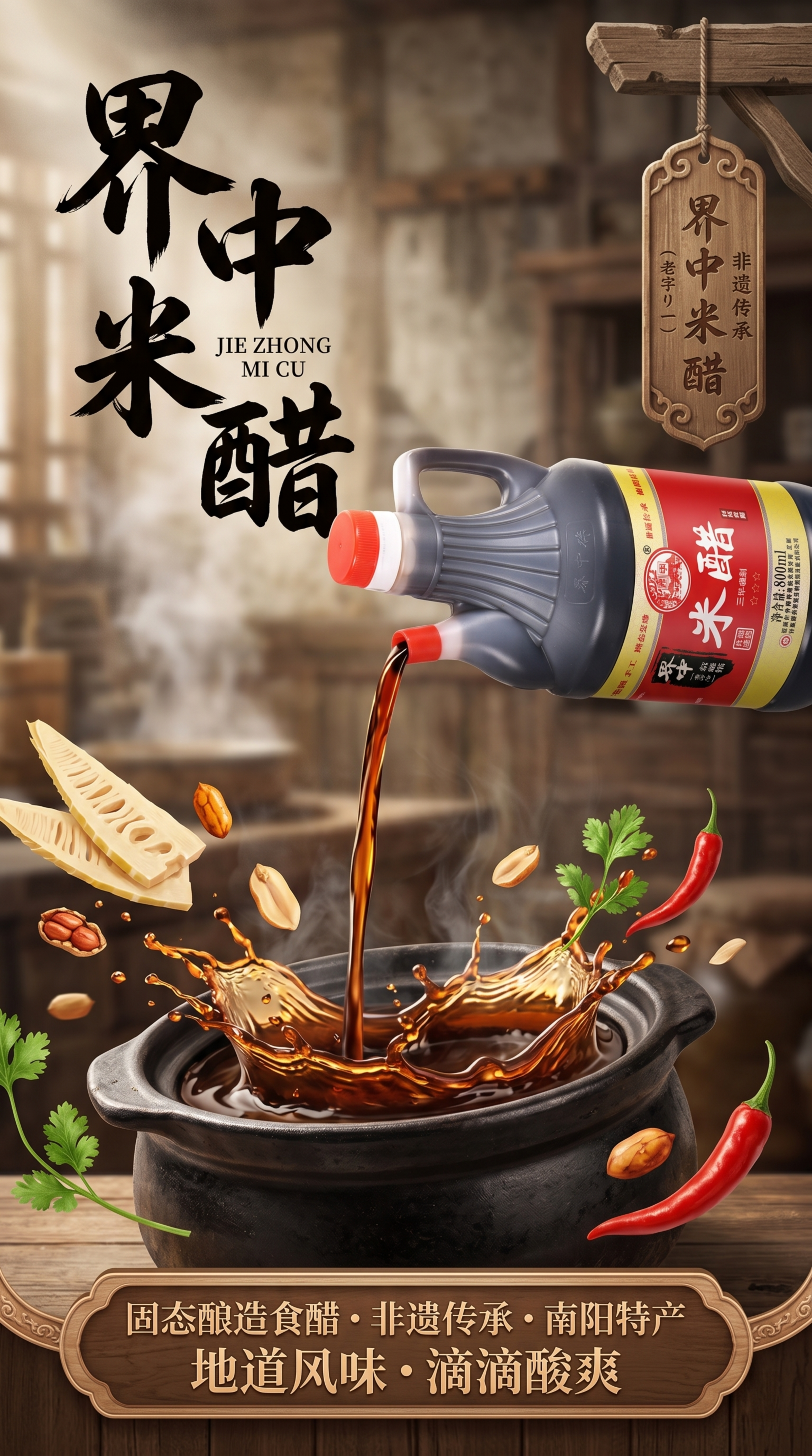 竖版国潮风美食插画海报，新中式风格，中式虚化古朴厨房背景。画面… - 图片创意预览